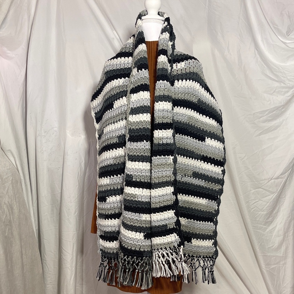 Handmade - Striped Black and Gray Crochet Scarf